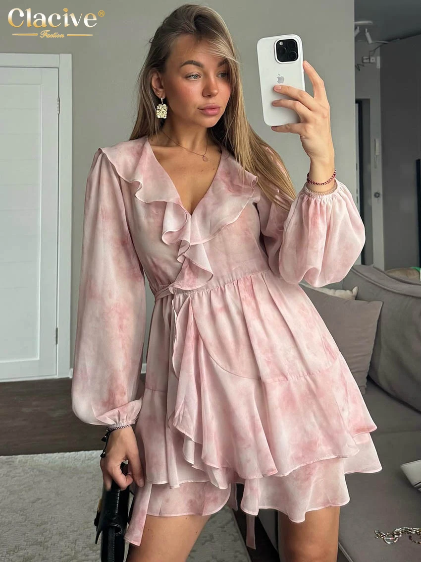 

Clacive Fashion Loose Print Women's Dress 2025 Casual V-Neck Long Sleeve Mini Dresses Elegant Classic Pleated Female Dress