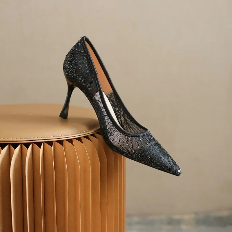 

New Women's Shoes Exquisite Air Mesh Bling High Heels for Woman Fashion Pointed Tip Casual Shoes Designer Shoes Zapatos De Mujer