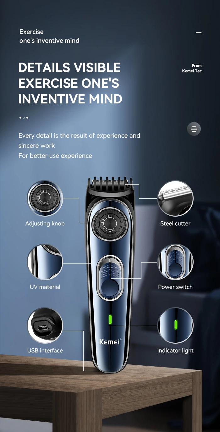 High Quality USB Barber Waterproof Cordless Hair Trimmer Kemei KM-1256 Electric Cordless Professional Hair Clippers
