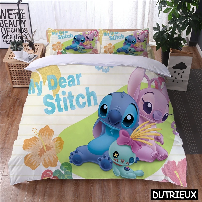 Imagem -02 - Lilo e Stitch Kawaii Conjunto de Cama para Meninos e Meninas Disney Cartoon Cobertor Fronha Capa de Edredão para Casa Decoração do Quarto