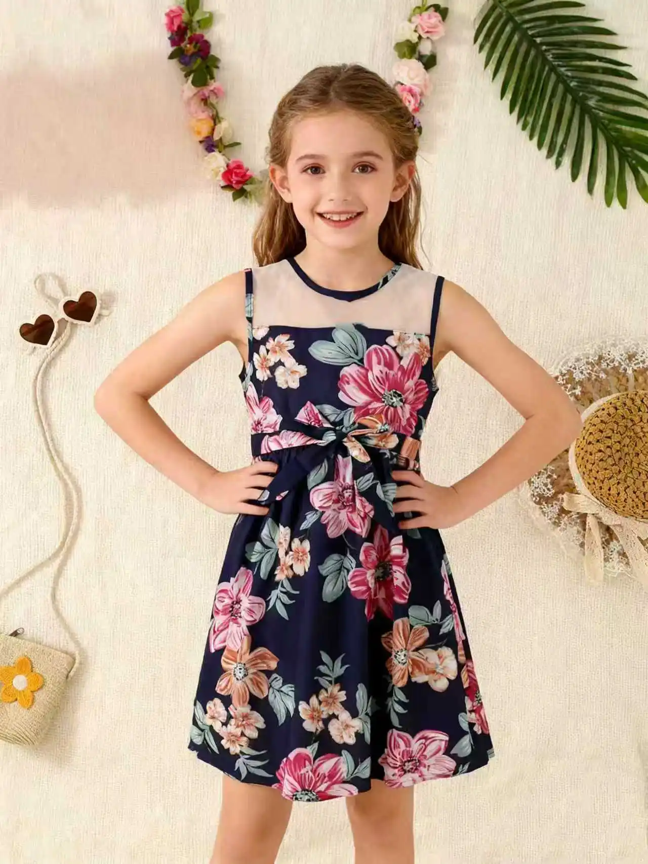

Summer New Girls' Round Neck Sleeveless Retro Printed Mesh Princess Dress With Lace Patchwork Dress