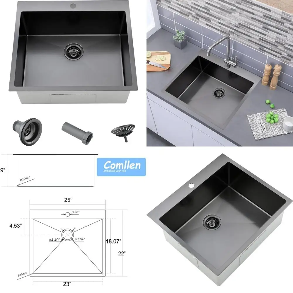 

Кухонная мойка с верхним креплением из нержавеющей стали 25x22 дюйма, глубина 9, черная отделка, универсальная раковина для автофургона