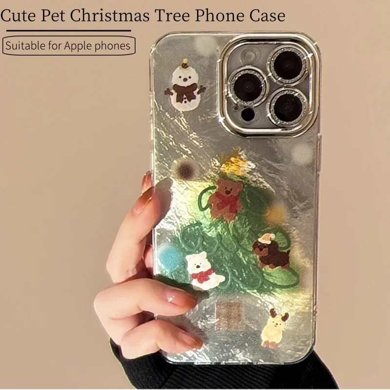 Merry Christmas Snowman Tree Laser Glitter Plating Phone Case For IPhone 16 15 14 13 12 Pro Max Case Cute Luxury Cartoon Cover