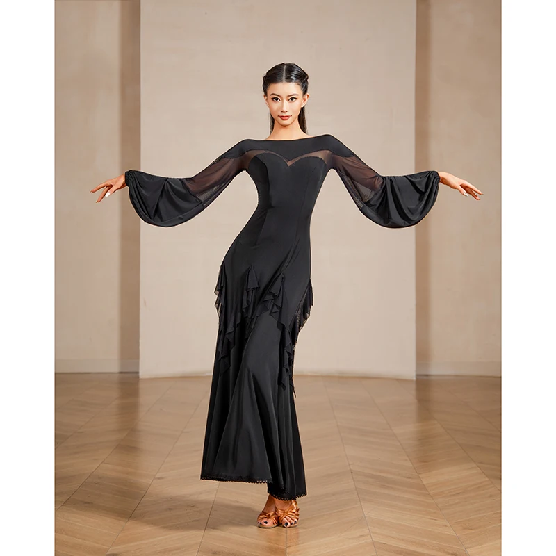 2025 Ballroom Dance Competition Clothing For Women Long Sleeved Lotus Leaf Edge Modern Dance Dress National Waltz Wear DQS21631