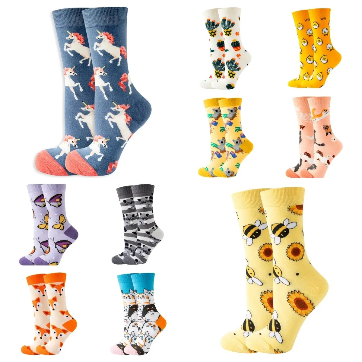 1 Pair Fashion Unisex Socks Cartoon Animal Plants Print Cute Middle Tube Socks Suit In All Seasons For Daily