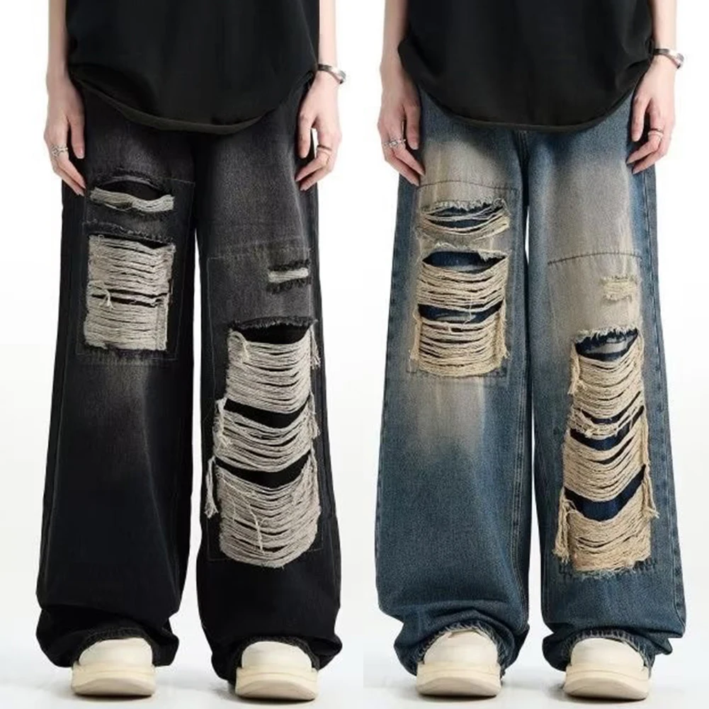 

Men Retro Hole Repair Loose Straight Wide Leg Mopping Pants Fashion Y2K Jeans Casual Trouser Vintage
