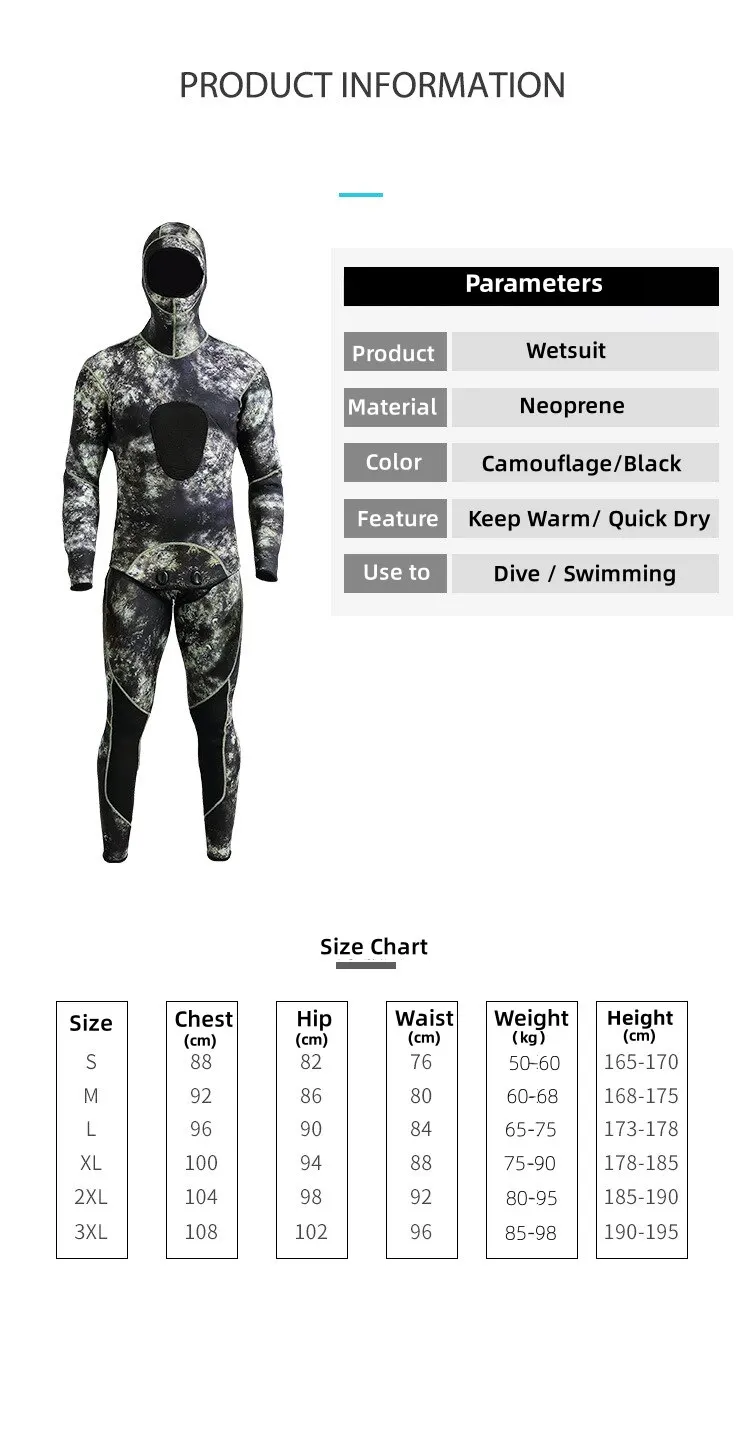 Neoprenanzug, 3 mm, Camouflage, langärmelig, mit Kapuze, 2-teilig, aus Neopren, zum Tauchen, für Herren, hält warm, Tauchanzug, Badebekleidung – Detail 4