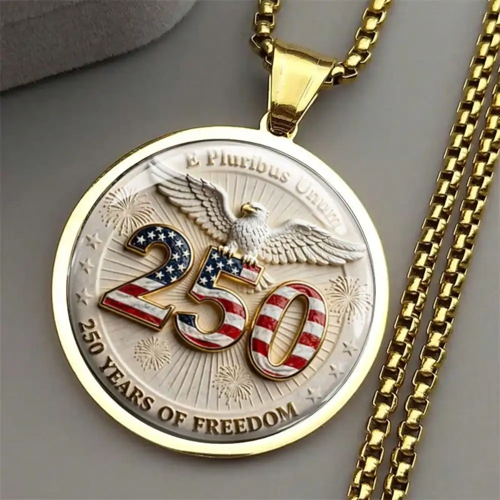 Unisex 250th Anniversary American Pendant Necklace, Gold Plated Round Charm With US Flag Enamel, Patriotic Jewelry Gift For Men & Women