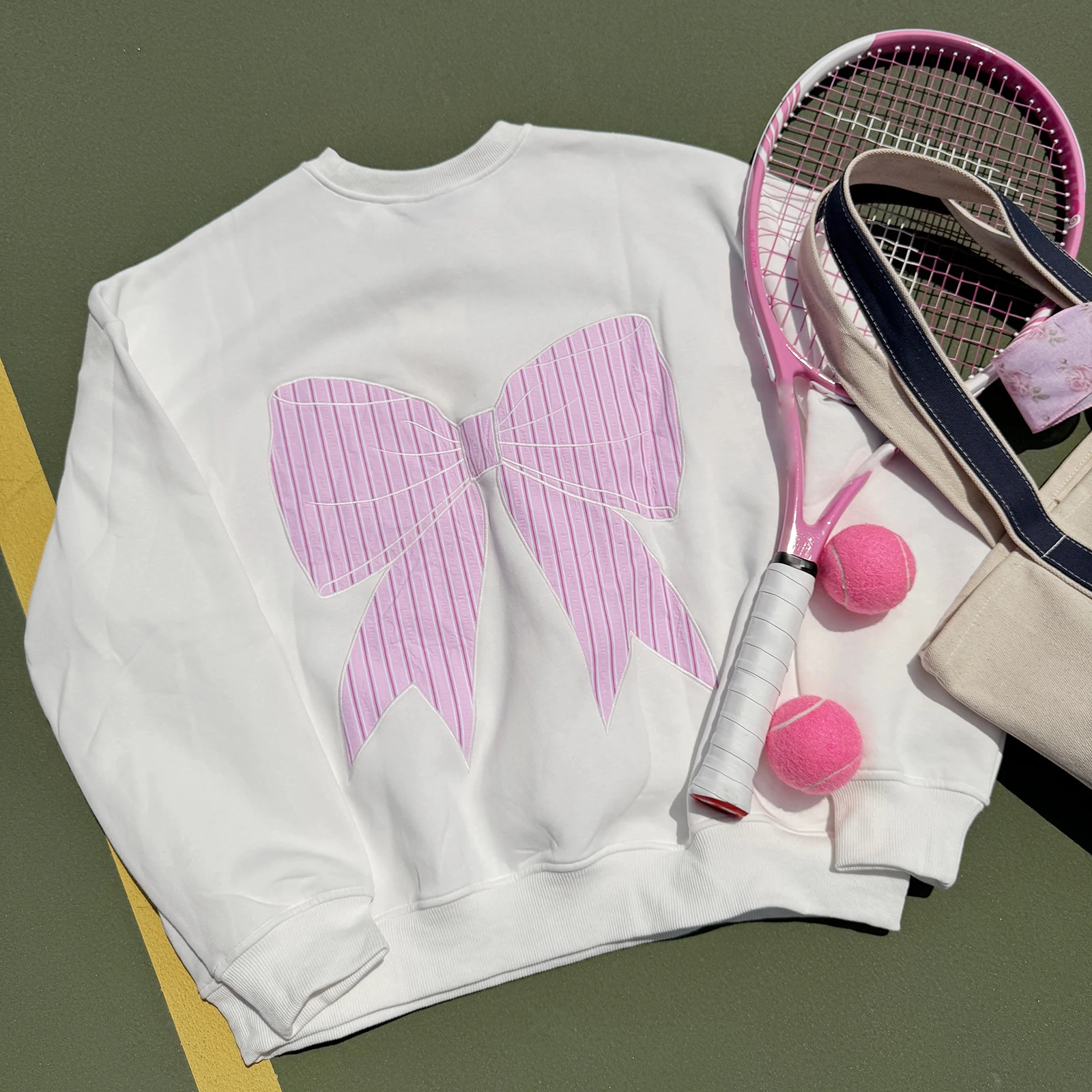 Street chic damessweatshirt met strikprint, herfst/winter, stijlvolle trui met strik, geborduurde ronde hals en lange mouwen, losse pasvorm