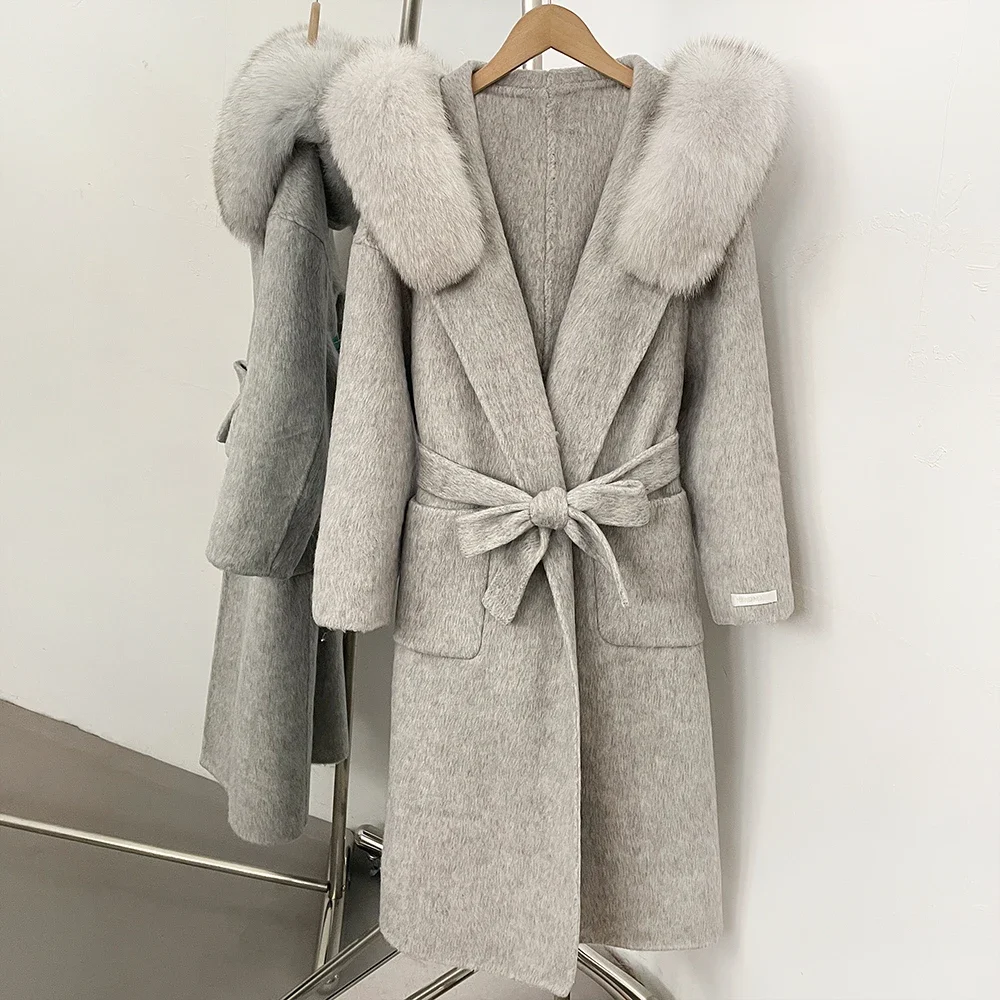 OFTBUY Luxuriöse Wolljacke mit Echtfellkragen und Kapuze, 100% Wollmantel für Damen, Neue Herbst-Winter-Lange Kleidung mit Natürlichem Fell – Detail 18