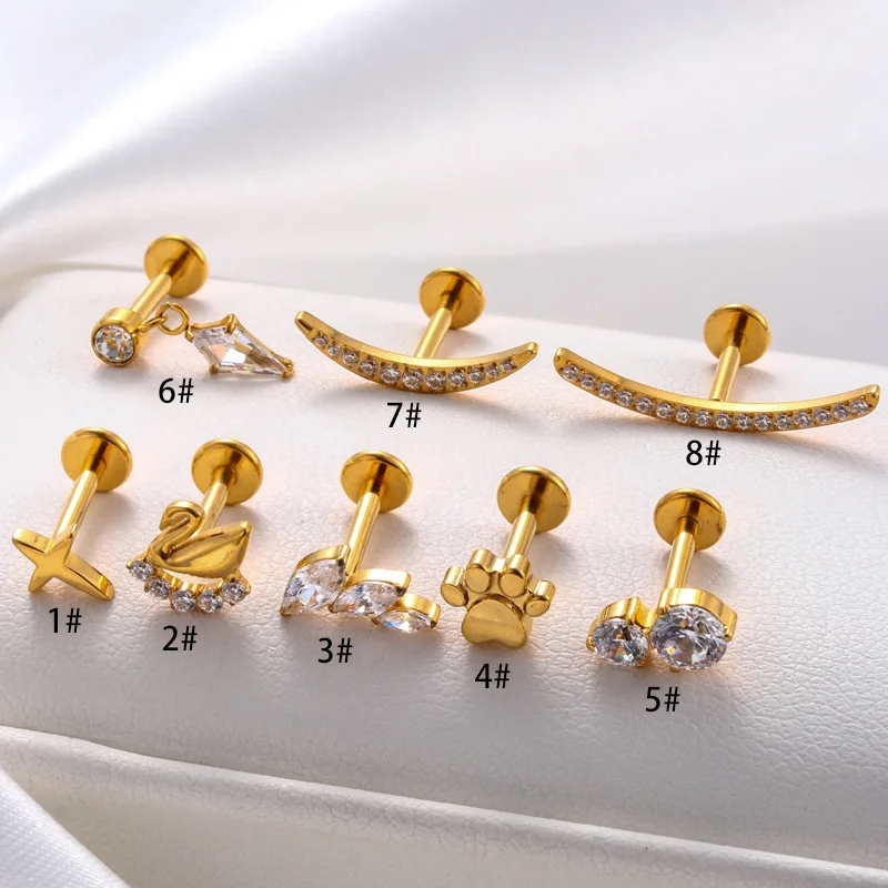 1PC G23 Titanium Studs Earring Jewelry ASTM F136 Titanium Flat Back Internally Threaded CZ Pendant Cartilage Piercing Earrings