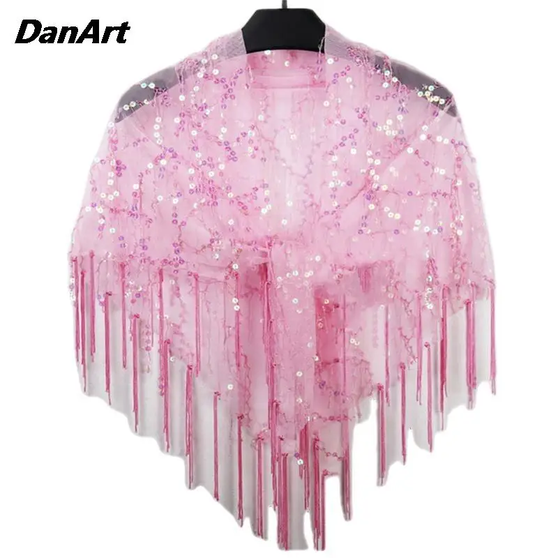 Women Shawl With Hollowed Out Tassel Camisole And Lace Up Small Outer Layer Mesh Sequin Smock Triangular Scarf  Evening Dresses