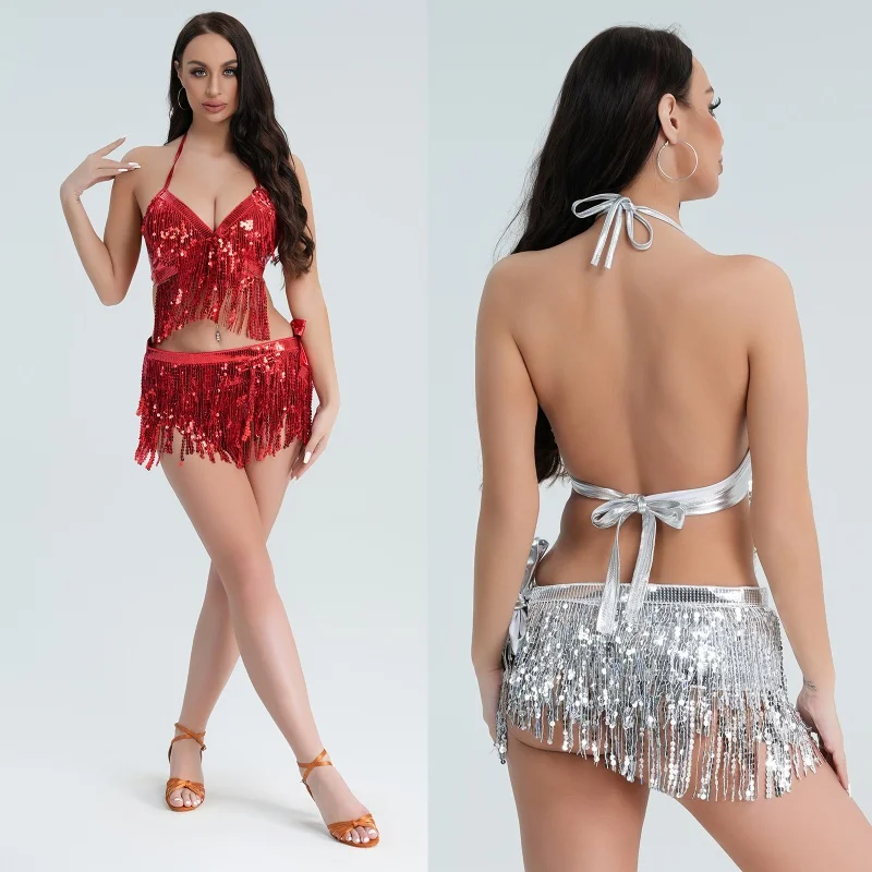 

Belly Dance Dress Women's Sexy Sequins Tassels Nightclubs Samba Female Suit Top Skirt Chacha Pole Dancewear