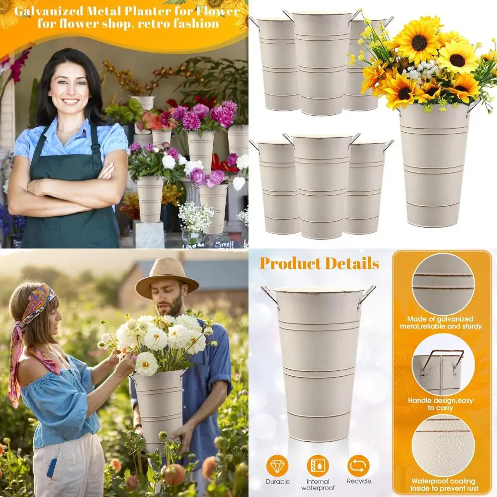 

12 Inch Galvanized Metal Vase, French Style Flower Bucket for Cut Flowers, Home Decor, Wedding Party, Farmhouse Style Beige