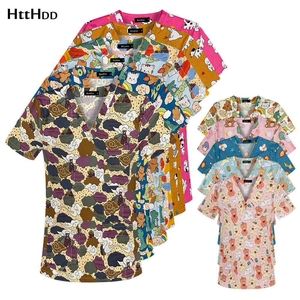 

Women Multi Color Cartoon Printing Scrub Top Casual V-neck Medical Uniform Unisex Pet Hospital Health Centre Working Clothes Men