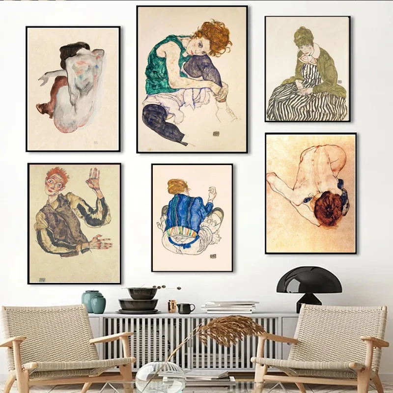 Egon Schiele Vintage Nude Woman Grotesque Wall Art Canvas Painting Nordic Posters and Prints Pictures for Home Living Room Decor