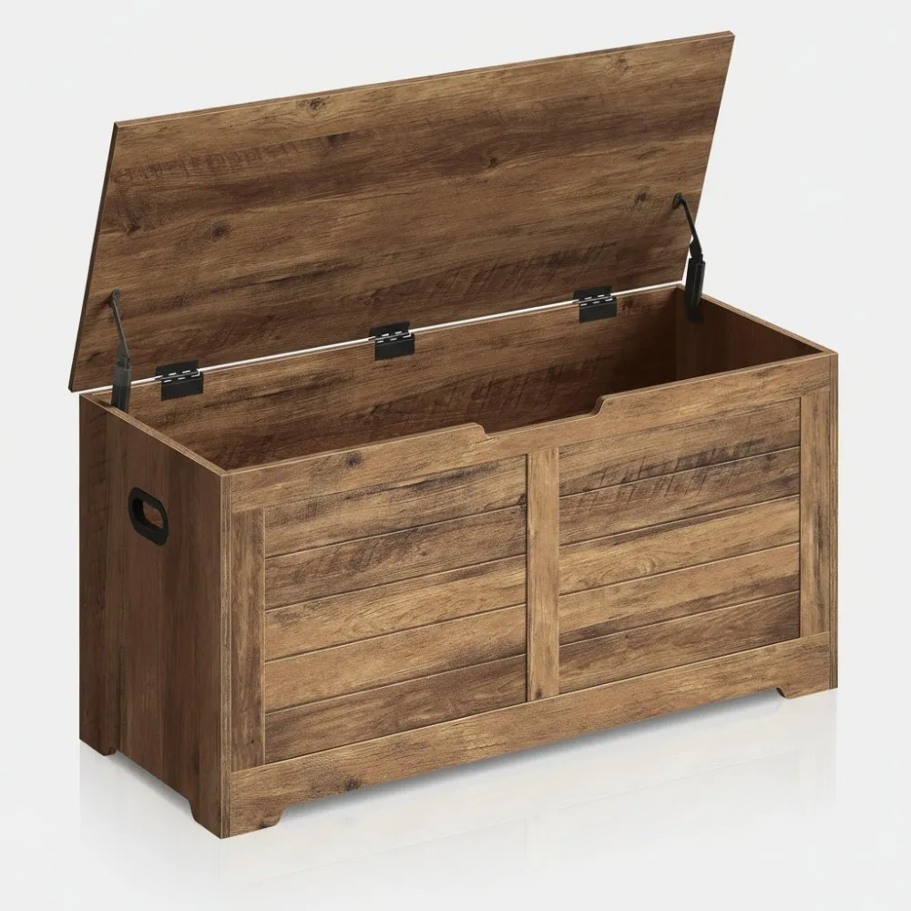 

Farmhouse Storage Bench with 2 Safety Hinges, 300lb Capacity, for Entryway Bedroom Living Room, Honey Brown