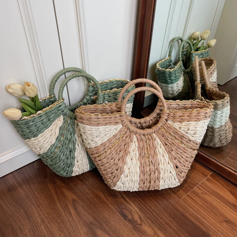 

2025 Woven Tote Bag for Women - Summer Colorblock Handbag, Stylish Large Beach Basket Purse with Shoulder Strap