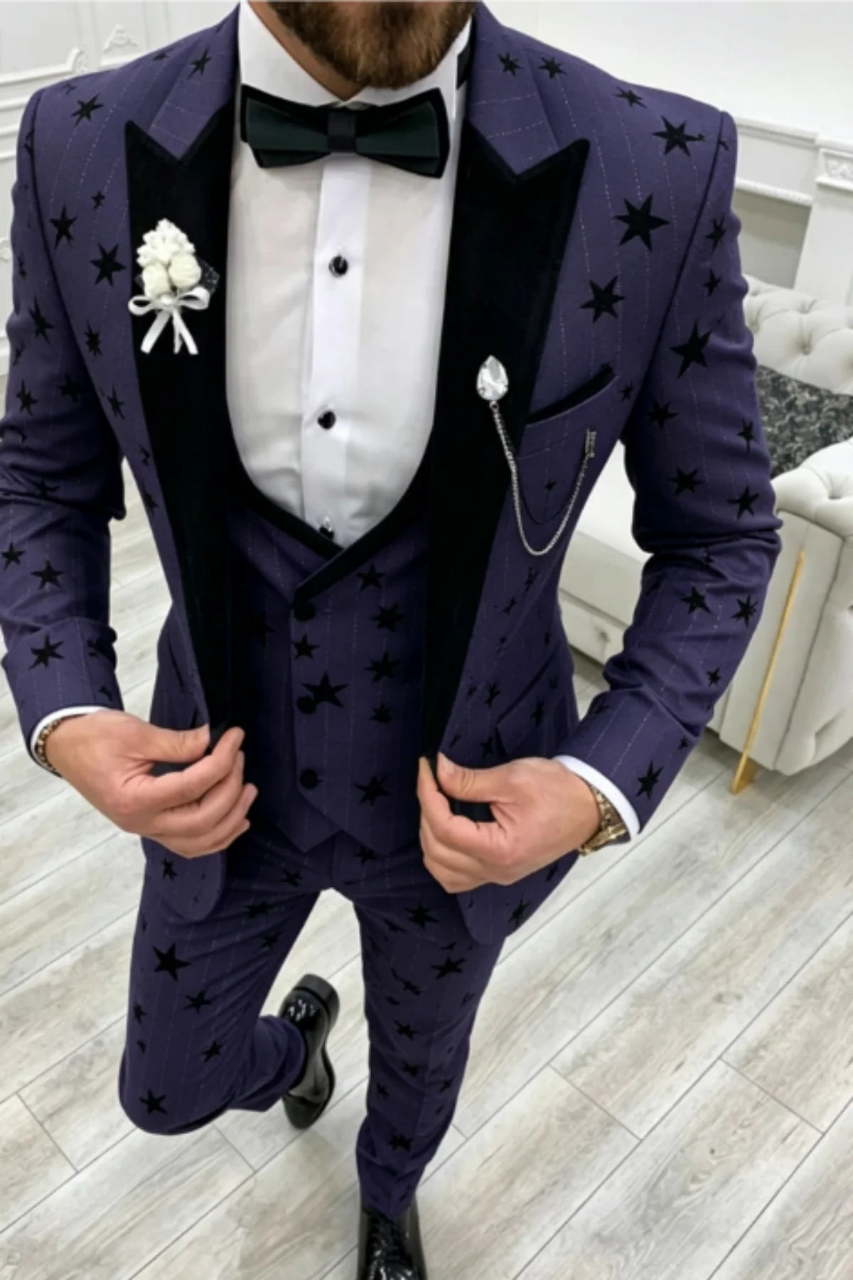 Luxury Star Flocking Pinstripe Men Suits Customized Slim Fit Peak Lapel Groom Wedding Tuxedos 3 Pieces Sets Male Prom Blazers