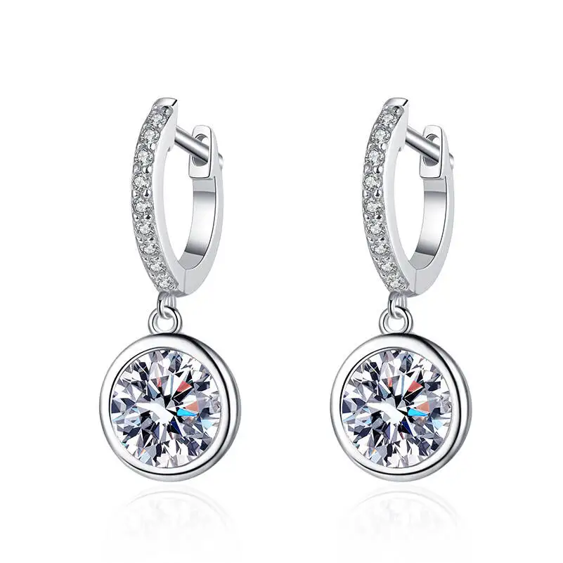 925 Sterling Silver Round Bezel Set D VVS1 Moissanite Dangle Drop Huggie Hoop Earrings For Women Jewelry