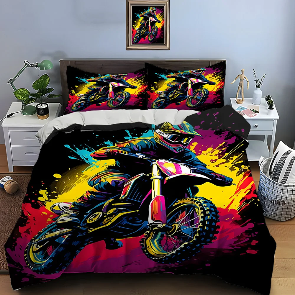 Watercolor Art for Off-Road Motorcycles Bedding Set for Kids Luxury Gift 3pcs Digital Print Comforter Set Soft Comfortable
