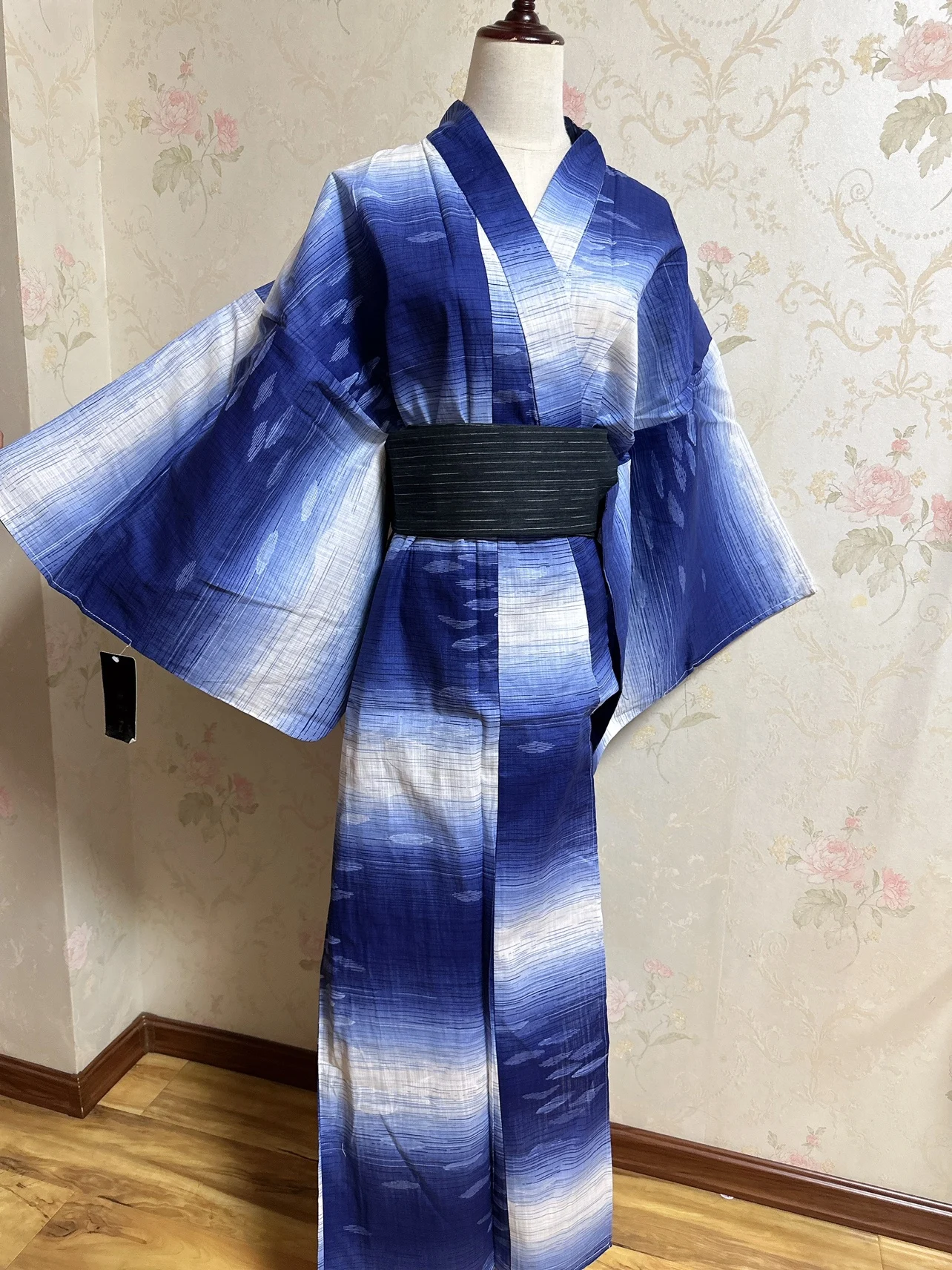 Male Japanese Samurai Style Traditional Kimono with Obi Tie-dye Yukata Cosplay Costume Photography Robe Home Clothing