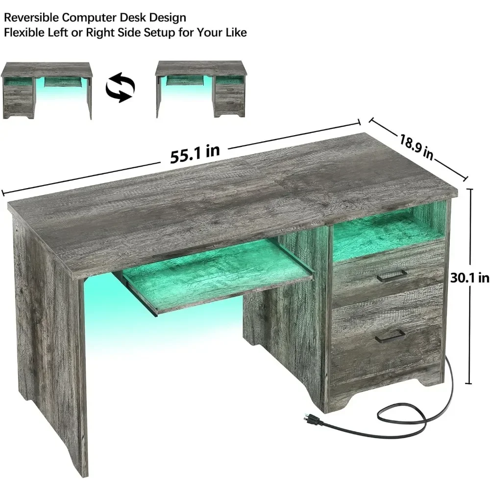 Reversible Office Desk With File Cabinet 55 Inch Computer Desk With Smart LED Light and Power Outlet Reading Freight free