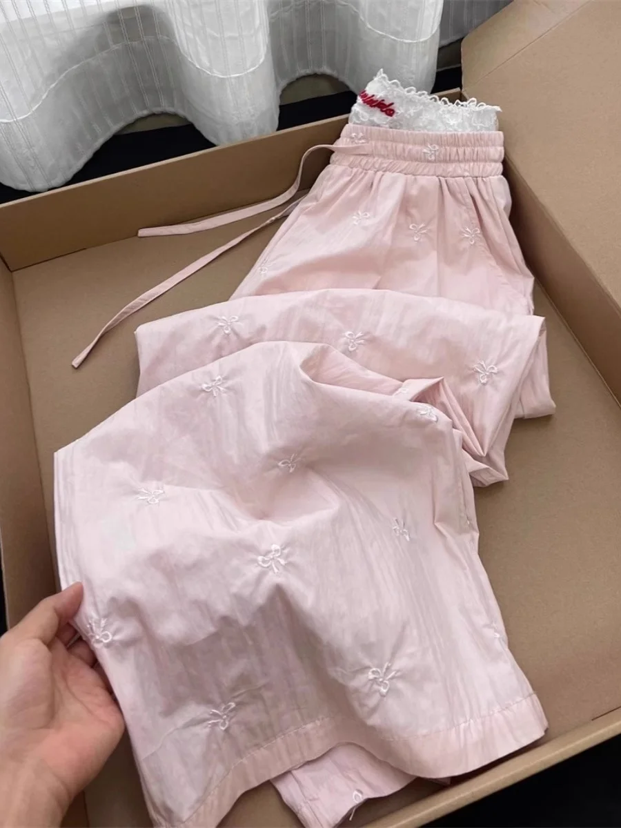 

Элегантные женские летние тонкие прямые брюки с вышивкой и завязками на высокой талии, широкие штанины, длина в пол