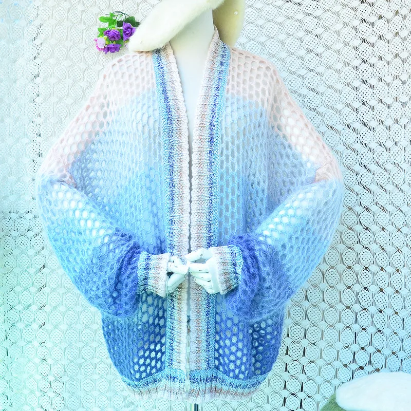 

2026 Spring Autumn Fashion Sky Blue Hairy Mohair Wool Crochet Hollows Long Sleeves Loose Caridgans Mantle Sweater Jacket Pull