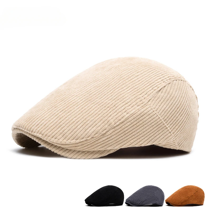 Men's Corduroy Beret Retro British Painter Hat Adjustable Casual Sunlight Newsboy Cap