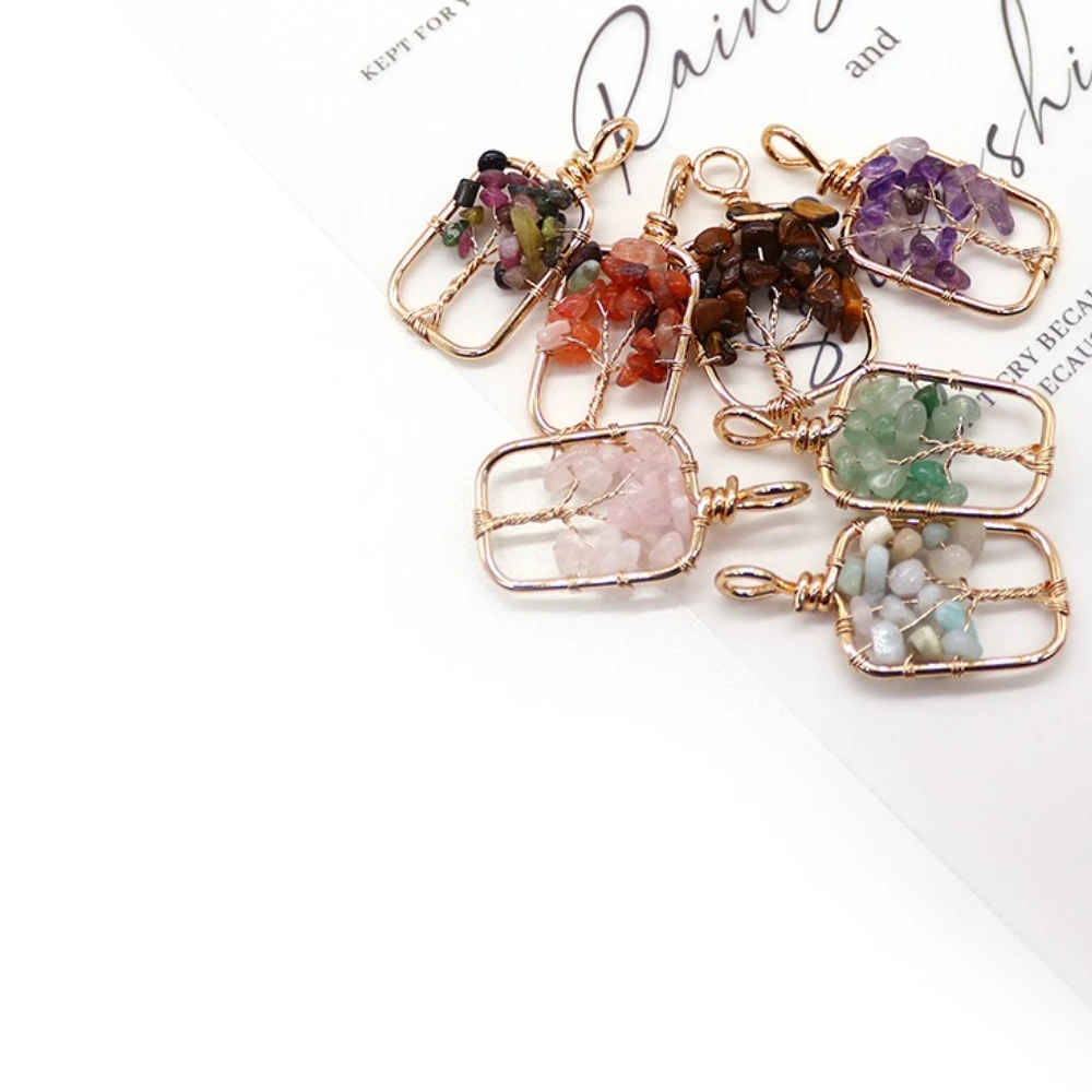 

Tree of Life Natural Stone Pendants 2 Pcs Copper Wire Binding Tourmaline Amethyst Gravel Rectangle Charms For Necklace Making