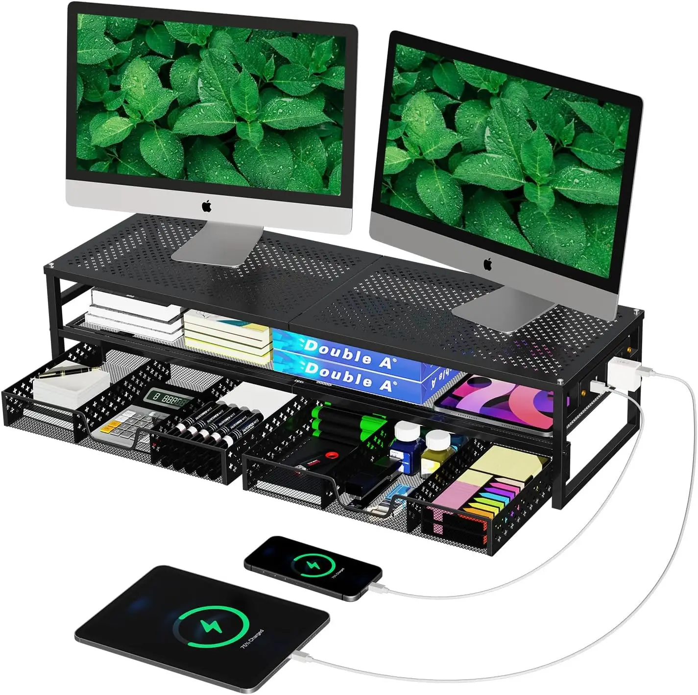 2 Tier Metal Monitor Stand Riser with USB Charging, Computer Office Desk Organizer for 2 Monitors, Drawer Storage, Black