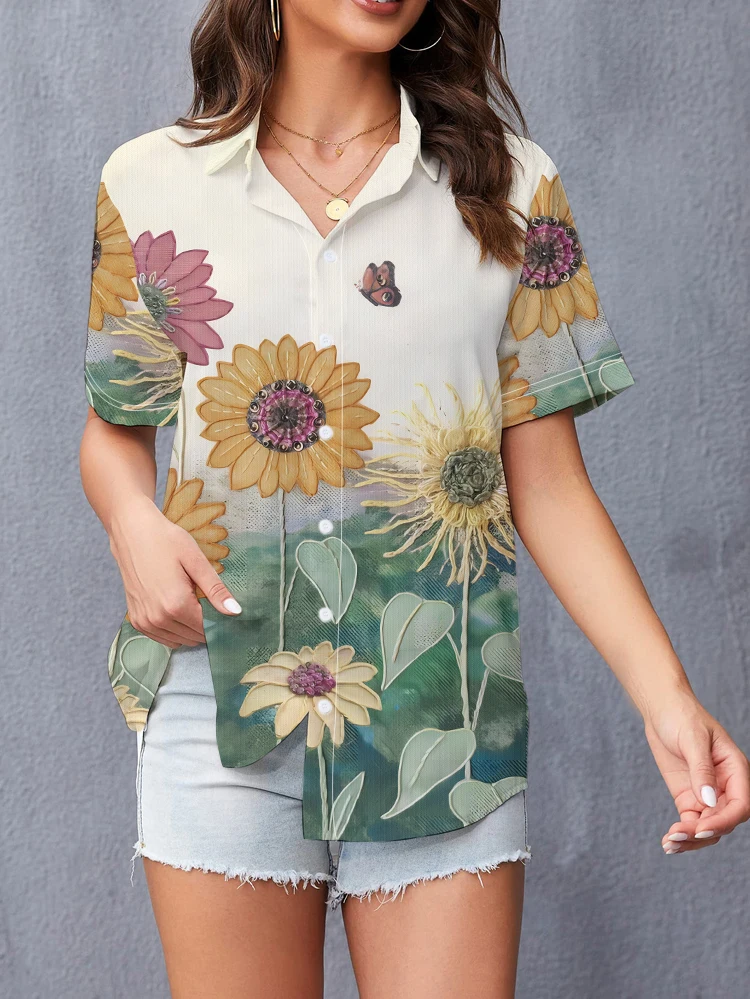 Sunflower 3d Digital Printing Shirt Fashion Loose Casual Summer Short Sleeve Shirt Harajuku Style Oversize Women's Shirt