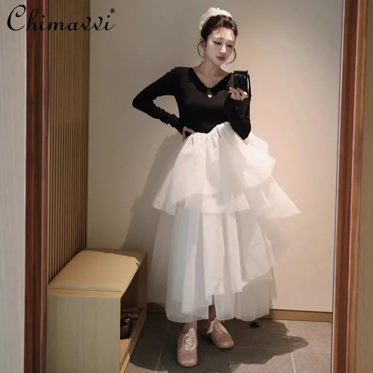 

Japanese Style Elegant V-neck Black and White Asymmetric Mesh Long Sleeve Puffy Dress Autumn New Princess Gorgeous Long Dress