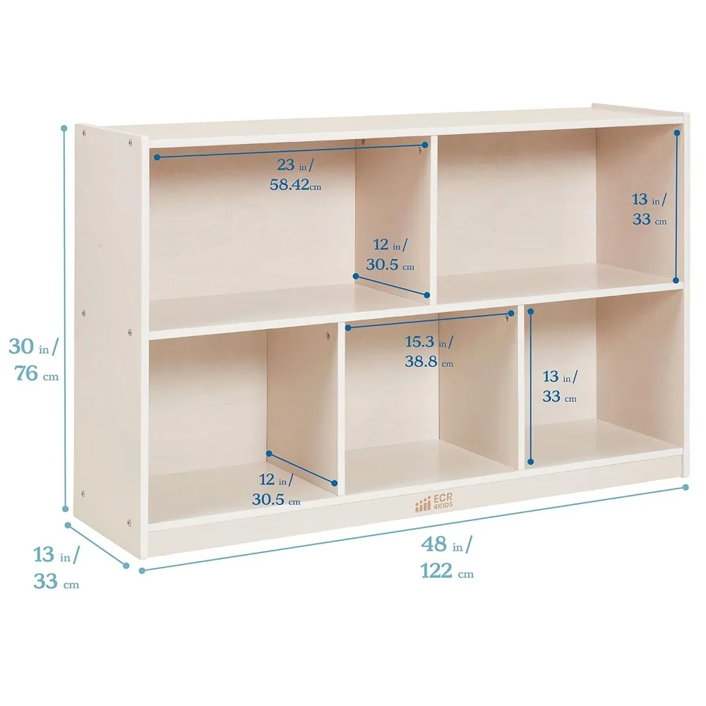 Gabinete de almacenamiento móvil de 5 compartimentos, 30 pulgadas, muebles de aula adecuados para aula, sala de juegos o dormitorio, lavado blanco