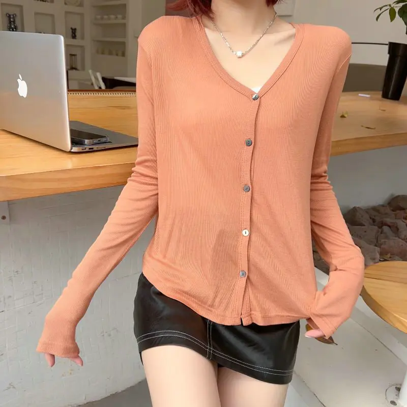 Fashion V-Neck Lyocell Cardigan with buttons Loose Casual Sun protective clothing Long sleeves Air-conditioned shirt