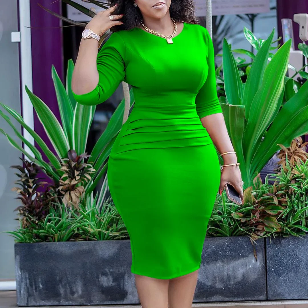 Customized African Dresses For Women 2025 Summer Autumn Africa Clothing 3/4 Sleeve Sexy O-Neck Perspective Slim Dress Office Lad