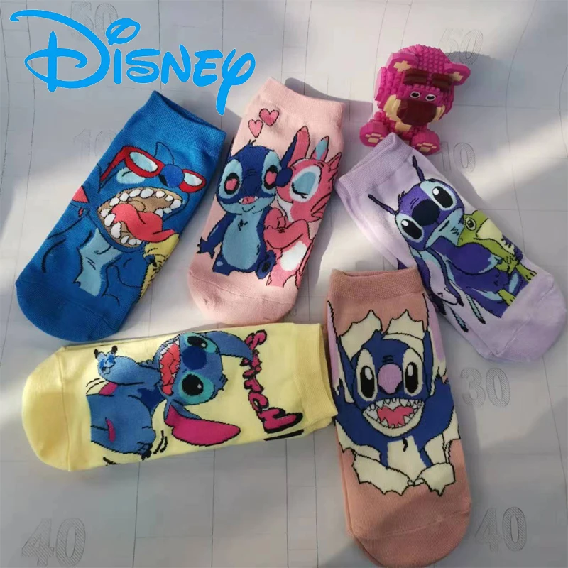 5 пар коротких хлопковых носков Disney Stitch, милые детские носки в стиле аниме для мальчиков и девочек, сезонное повседневное платье, счастливые носки, подарок, размер 35-42