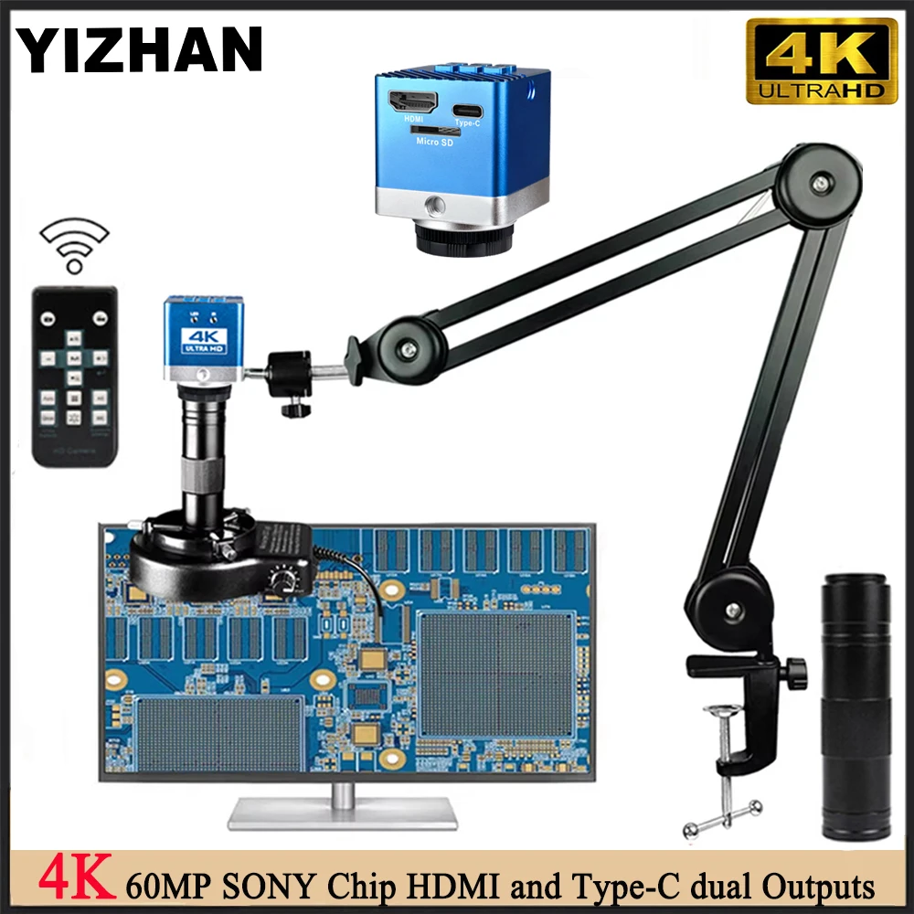 Цифровой микроскоп YIZHAN 4K UHD с обновленным кронштейном, 60 МП, электронный микроскоп, 215X C-Mount, зум-объектив для пайки печатных плат/стоматолога