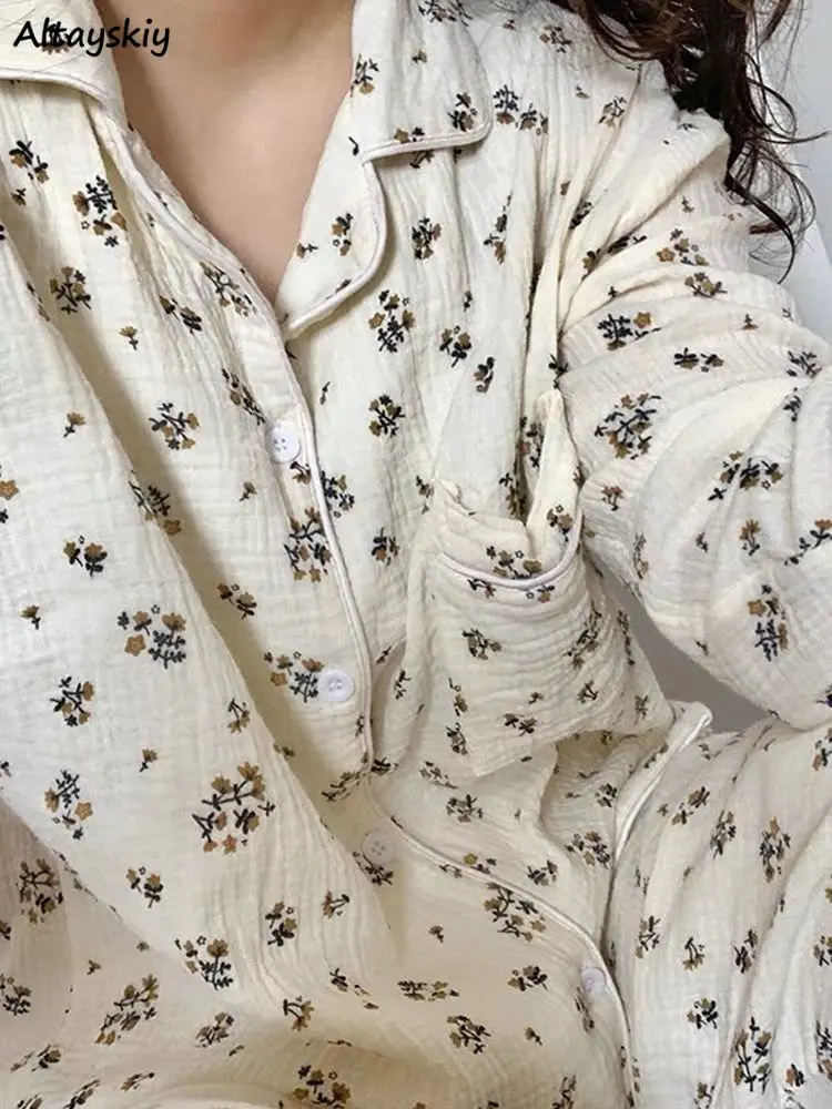 Floral Autumn Pajama Sets Women Casual Lovely Elegant Retro Long Sleeve Outfits Home Sleepwear Night Cozy Ropa Mujer Clothing