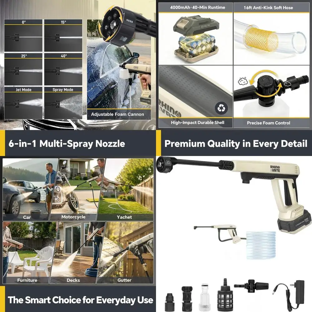 

Портативная мойка высокого давления 1280 PSI, аккумулятор 4.0 Ач, двойной источник питания, 6 насадок, шланг 16 футов, эффективна для уборки на улице