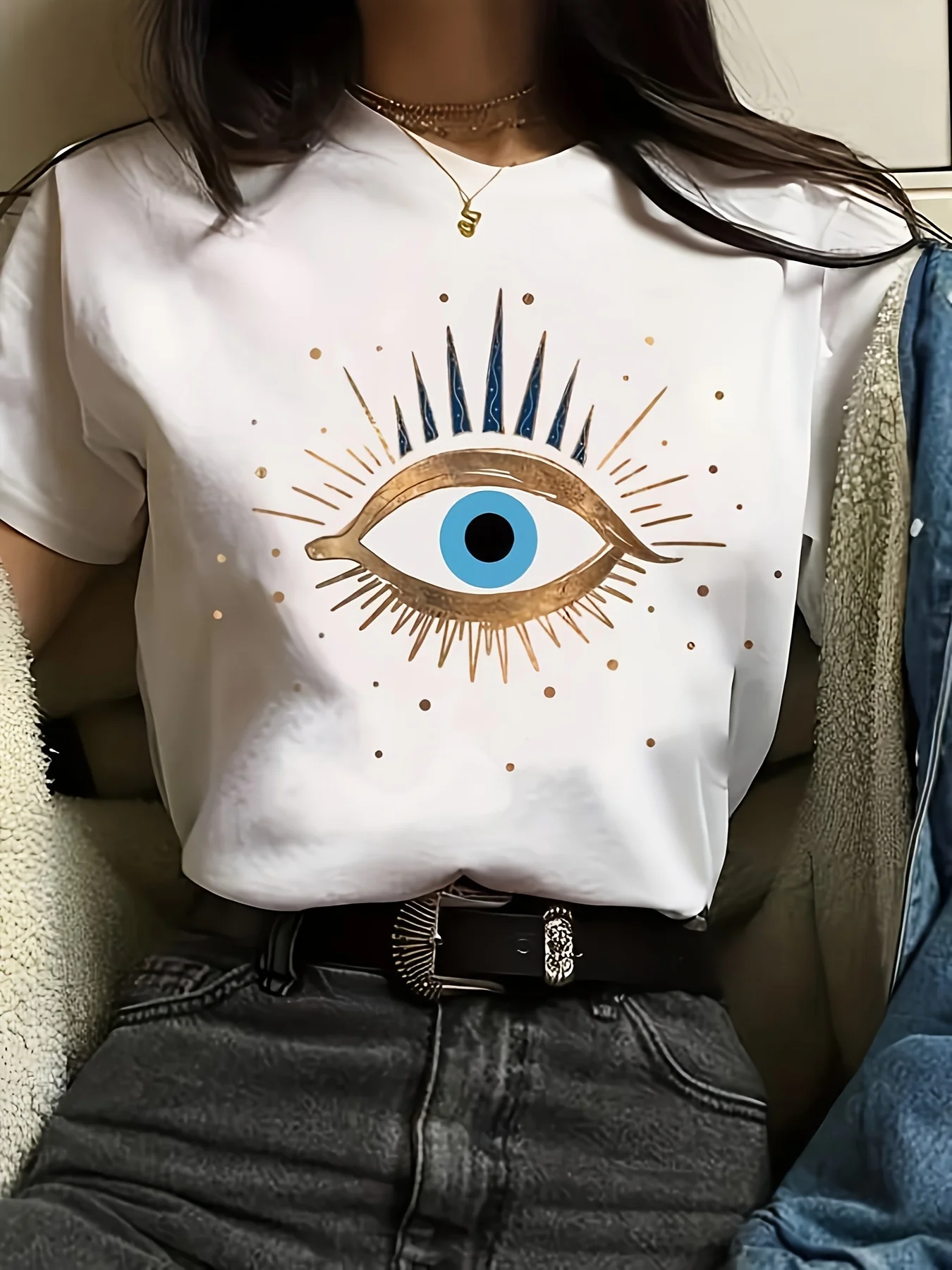 

Women's Evil Eye Print T-Shirt - Short Sleeve Casual Top for Summer & Spring