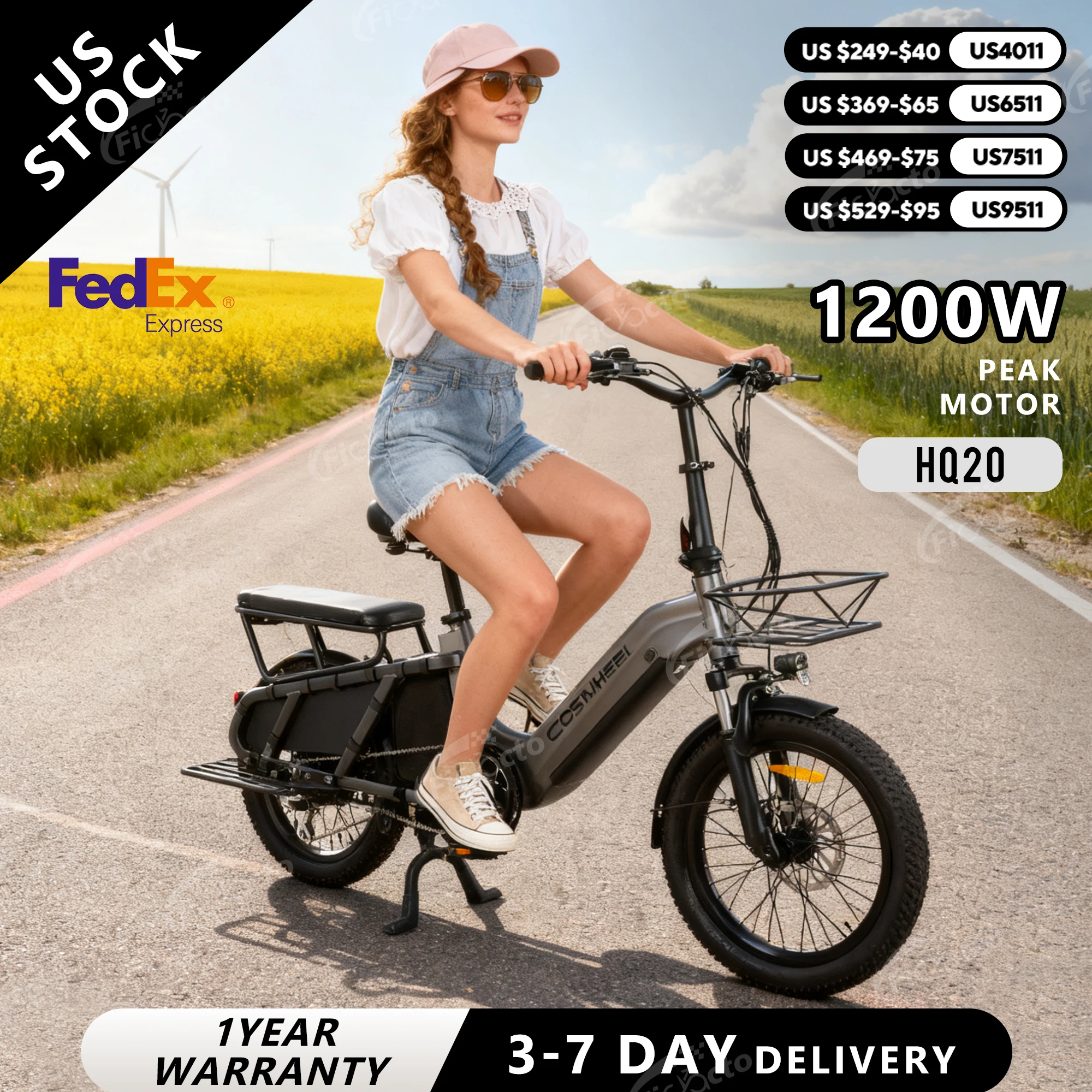 

COSWHEEL Electric Bicycle HQ20 Electric Bike 1200W PEAK Electric Cargo Bike 48V19.2AH Battery 20 Inch Tire City Commuting E Bike