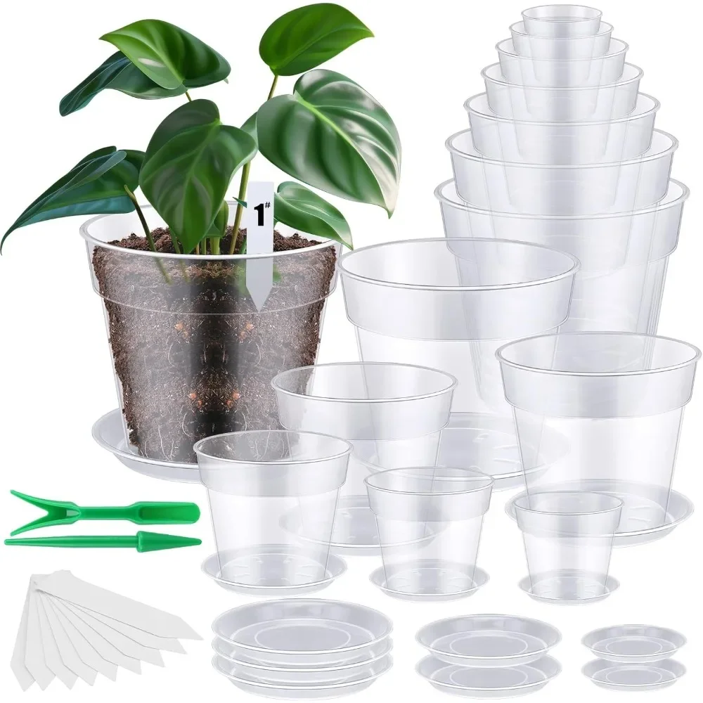 Transparent Nursery Pots Plastic Garden Pots with Trays Round Plastic Garden Pots with 20 Plant Labels Transplanting Tools 14pcs