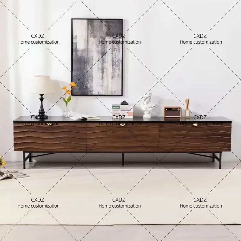 XXMedieval TV Cabinet Light Luxury Black Walnut All Solid Wood Premium Water-sensitive Corrugated Facade TV Cabinet