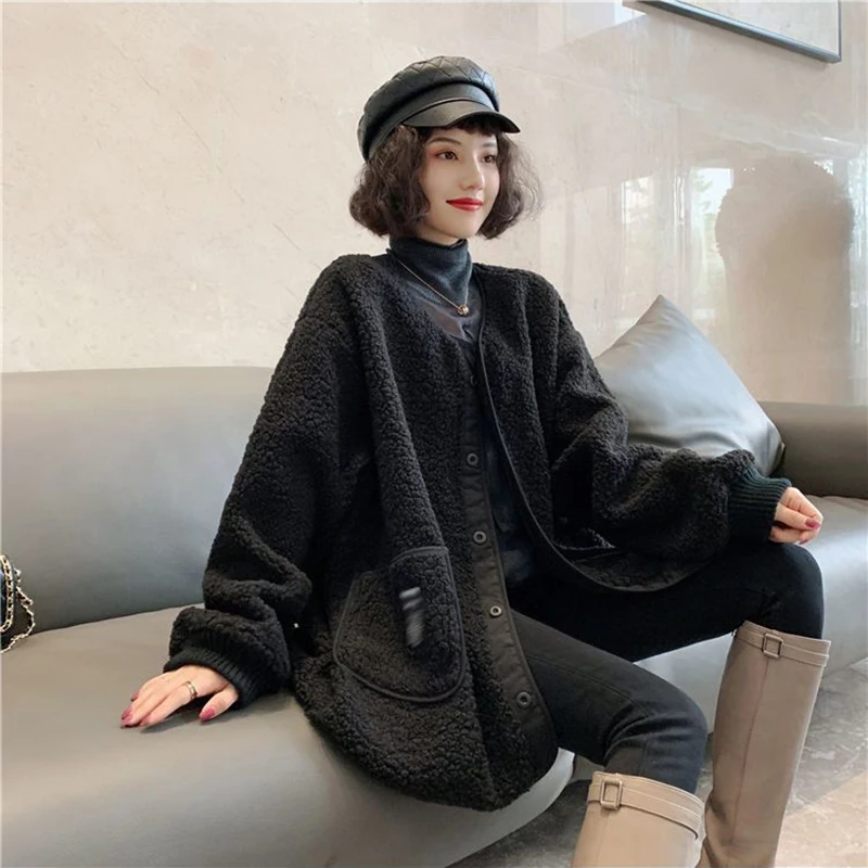 Winter Clothes Jackets for Women 2024Pocket Lambwool Coats Korean Fashion New Loose OverSized Thick Parkas Long Sleeve Outerwear