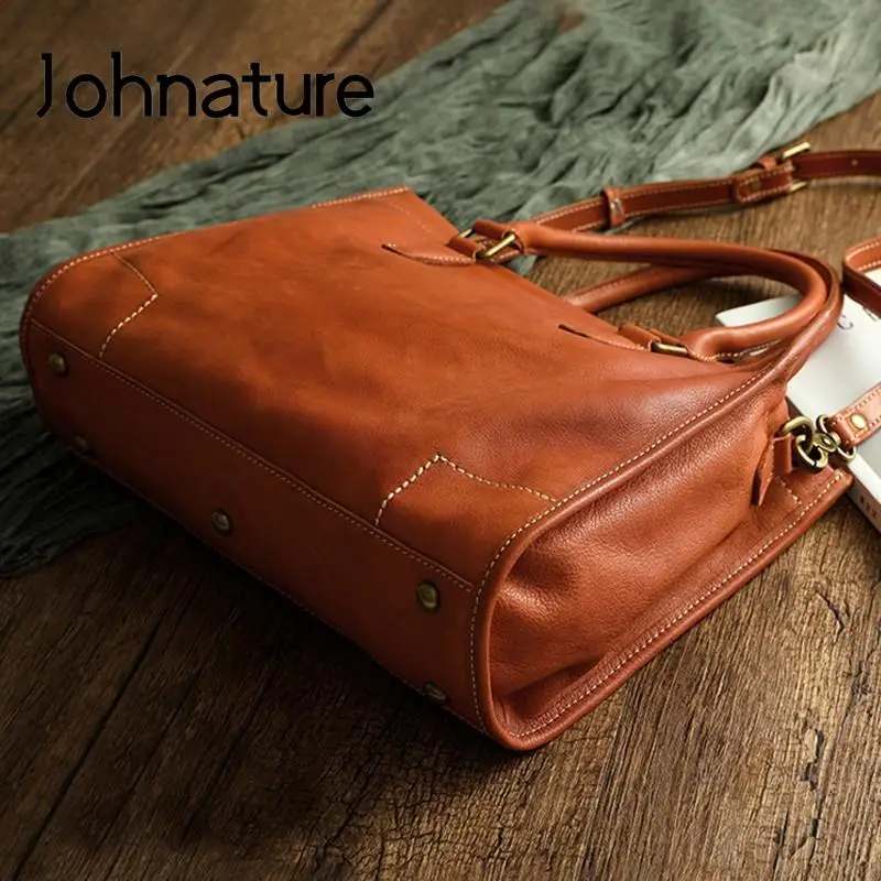 Johnature 2024 New Genuine Leather Large Handbag Women Bag Natural Soft Cowhide Casual Tote Solid Color Simple Shoulder Bags