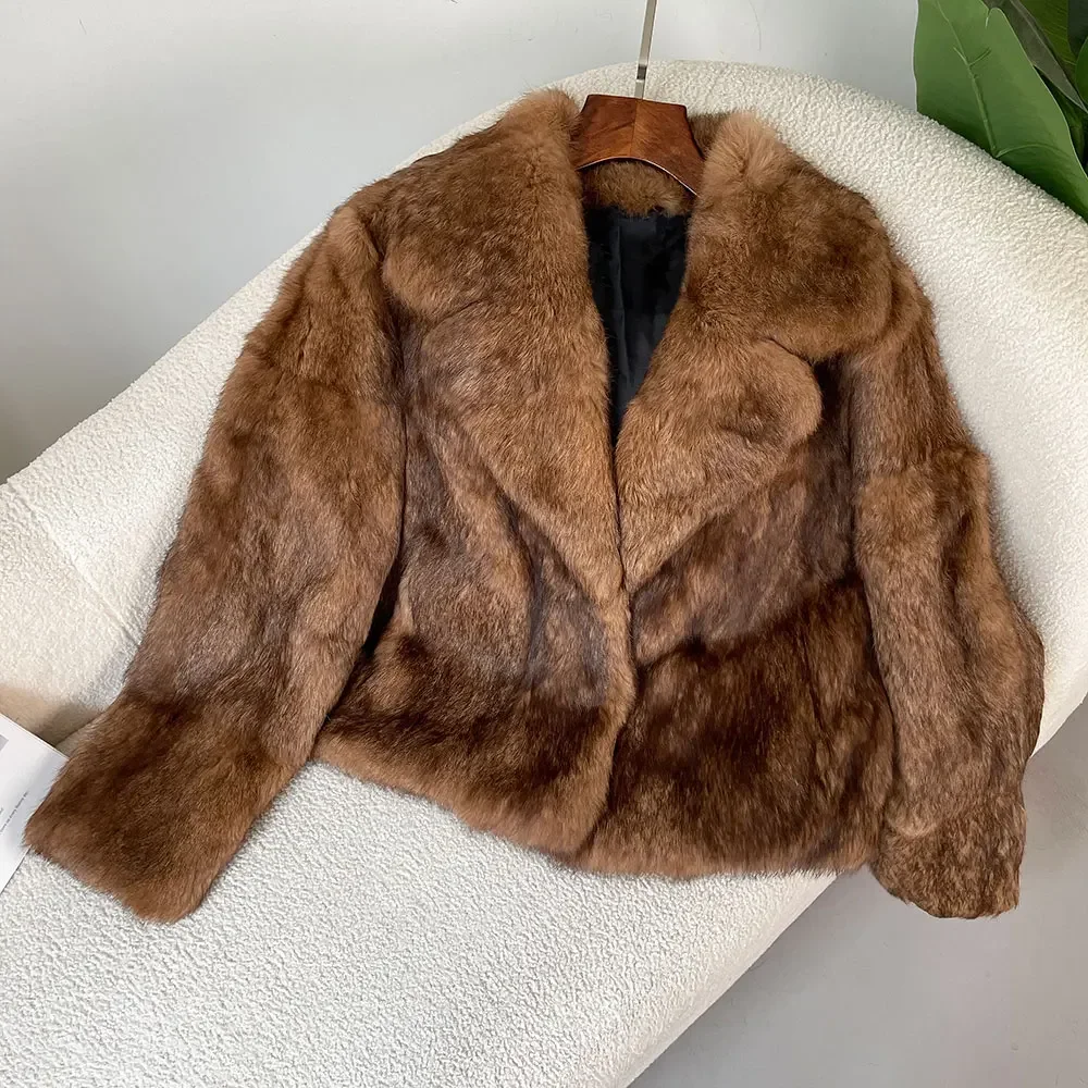 Real Natural Rabbit Fur Coat New Fashion Turn-down Collar Outerwear Streetwear Leopard Winter Jacket Women Thick Warm Elegant