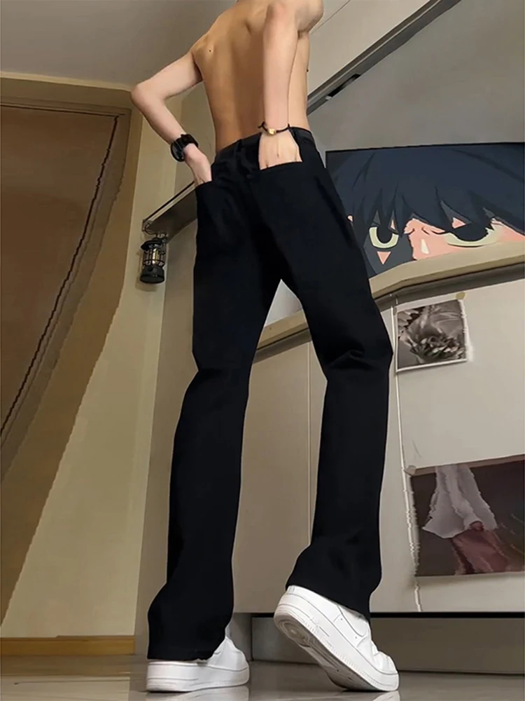 

Мужские летние джинсы Slim Fit с высокой талией, эластичные, в американском стиле, узкие, чисто черные, не обтягивающие, с легким клешем