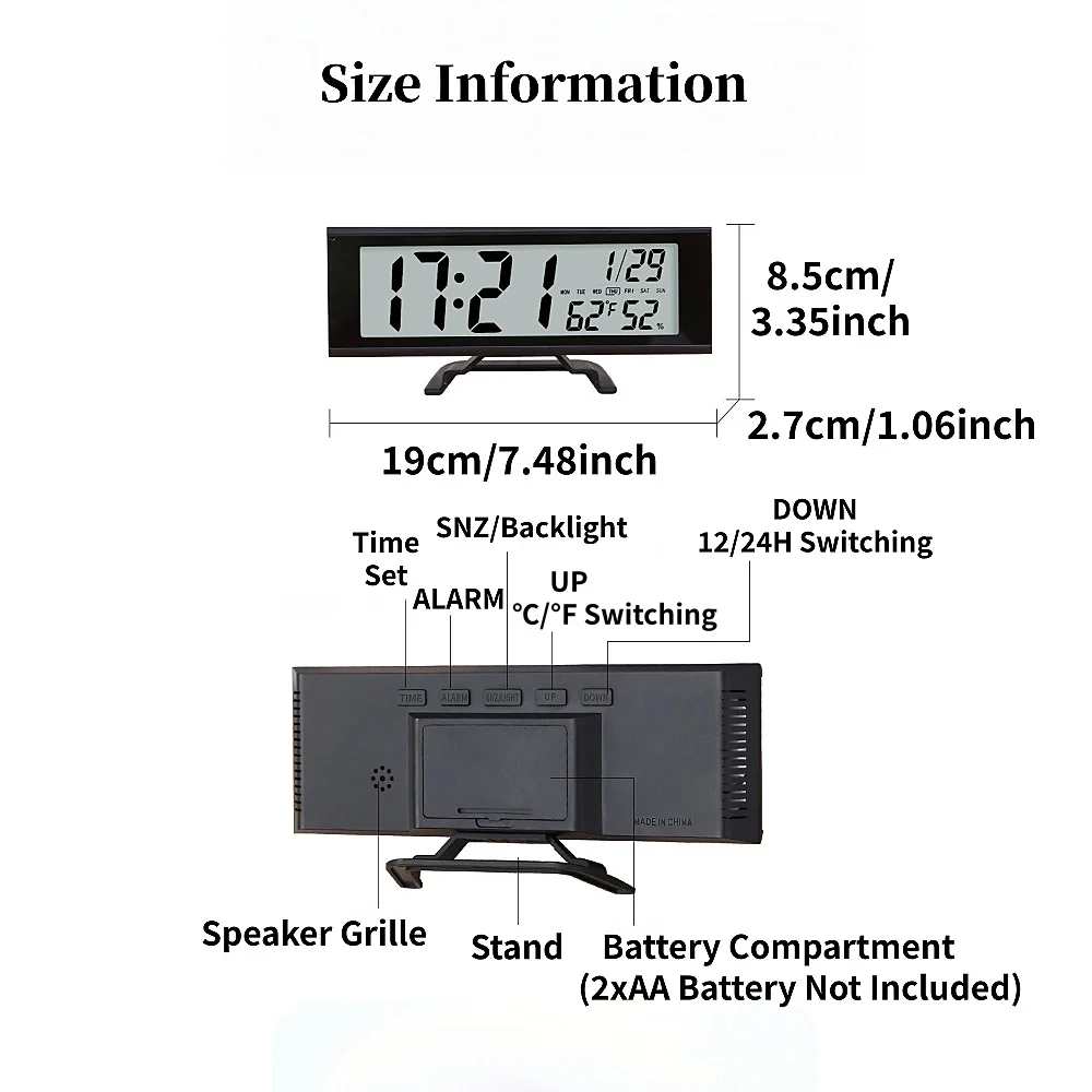 Battery Powered Large Digital Alarm Clock with Backlight Temperature Humidity Date Snooze Table Clock Dual Alarm12/24H LCD Clock